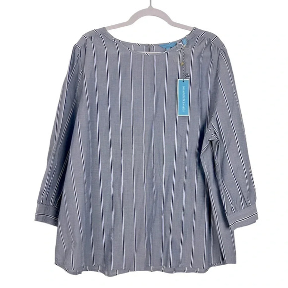 Draper James New Women’s 20X Striped 3/4 Puff Sleeve Curved Hem Top - Picture 1 of 8